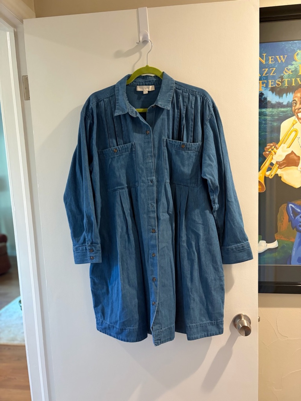 LOFT Blue Denim Button-Front Shirt Dress
